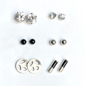 Six Pairs of Silver Tone, Black, and Crystal Earrings